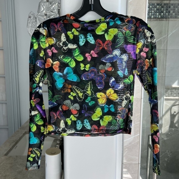 Alice + Olivia Delaina Butterfly Mesh Crop Top Butterfly High Black - Picture 10 of 12